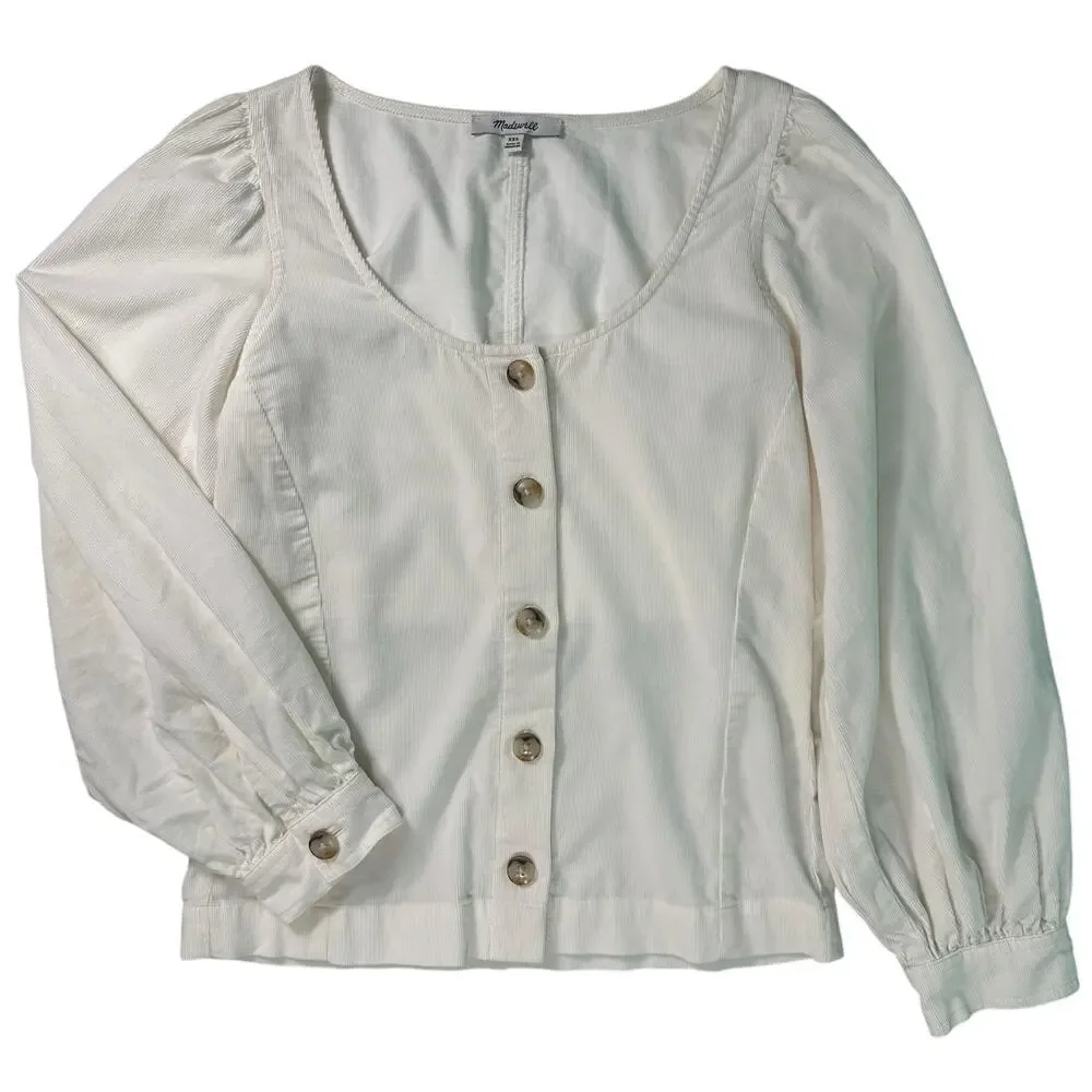 Madewell Corduroy Shirred-Sleeve Button-Front Shirt Ivory Blouse Top Size XS‎